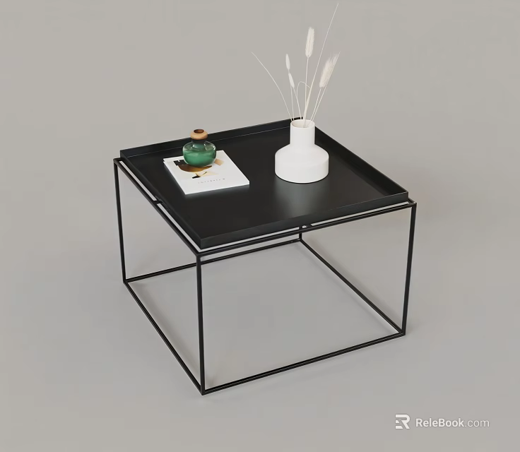 Modern Black Coffee Table With Metal Frame Green Bottle White Vase And Dried Pampas Grass 3d model 