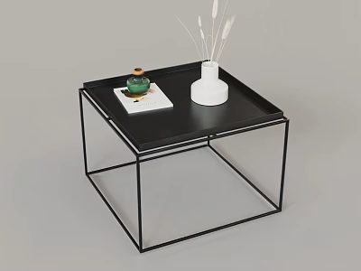 Modern Black Coffee Table With Metal Frame Green Bottle White Vase And Dried Pampas Grass 3d model