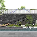 Modern Feature Wall Design With Black Stone Crescent Moon And Surrounding Greenery