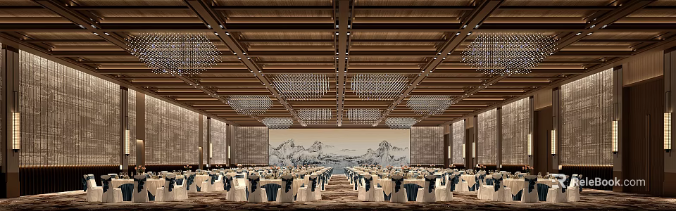 Elegant Banquet Hall With Wooden Ceiling Chandeliers And Landscape Painting Backdrop 3d model 