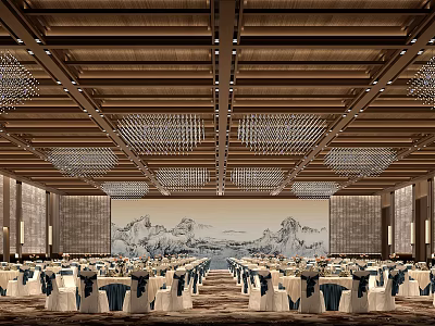 Elegant Banquet Hall With Wooden Ceiling Chandeliers And Landscape Painting Backdrop 3d model