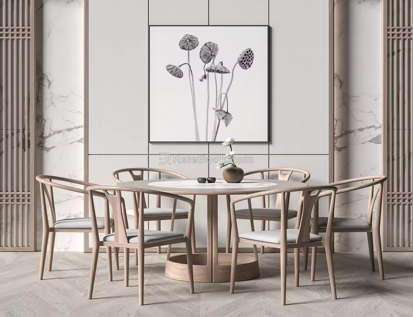 New Chinese Dining Table and Chair Set Round Dining Table and Chair Set 3d model