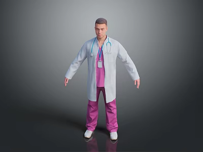 Man in White Doctor Coat With Stethoscope Pink Pants And Lanyard Standing 3d model