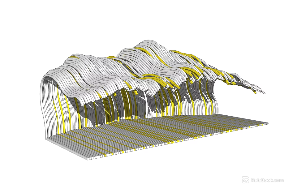 Modern Wave Shaped Ceiling Design With Gray White Surface And Yellow Accent Lines 3d model