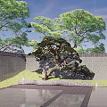 Garden Landscape Design With Trees Paved Area Seating And Distant Countryside View 3d model