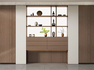 Modern Wooden Cabinet With Open Shelves Drawers And Decorative Vases Plant 3d model