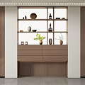 Modern Wooden Cabinet With Open Shelves Drawers And Decorative Vases Plant