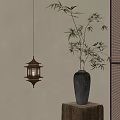 Elegant Gray Vase With Bamboo On Wooden Stand And Lantern Near Lattice Screen