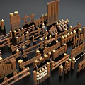 Various Wooden Fence Components With Picket Gates Railings And Decorative Posts