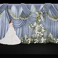 Bridal Photo Check In Spot With Blue Curtain White Flowers And Greenery Decorations