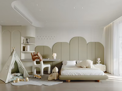 Cozy Kids Bedroom With Soft Green Walls Tent Toys Bookshelf And Natural Light 3d model