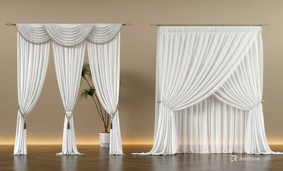 White Floor Length Pleated Curtains Interior Designs With Elegant Tiebacks And Drapery 3d model 