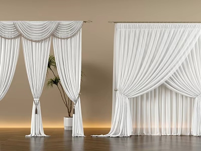 White Floor Length Pleated Curtains Interior Designs With Elegant Tiebacks And Drapery 3d model