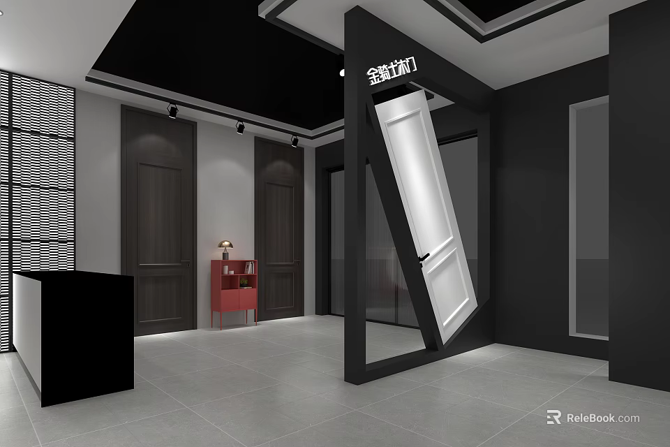 JINCHENG Wooden Doors Showroom Interior With Displayed Doors And Red Cabinet 3d model 