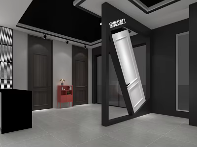 JINCHENG Wooden Doors Showroom Interior With Displayed Doors And Red Cabinet 3d model