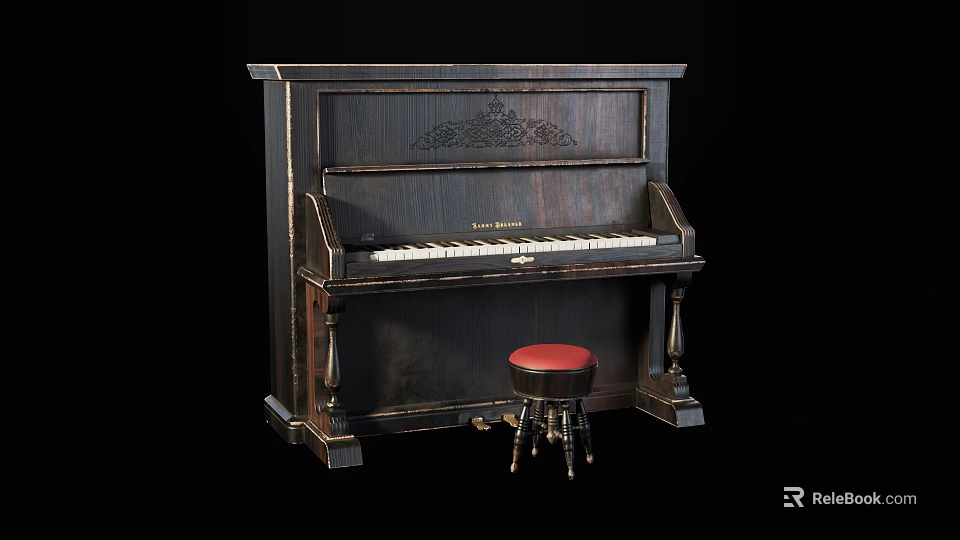 Vintage Black Wooden Piano With Carved Details And Red Stool 3d model 
