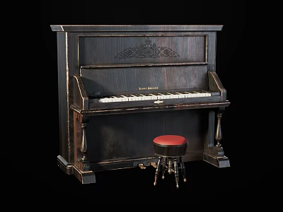 Vintage Black Wooden Piano With Carved Details And Red Stool 3d model