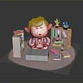Child Sitting at Desk with Bookshelf Books and Potted Plants