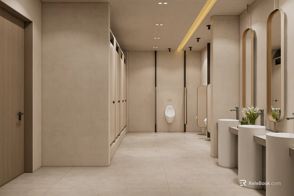 Modern Public Restroom Interior Design With Private Stalls Sinks Mirrors And Lighting 3d model 