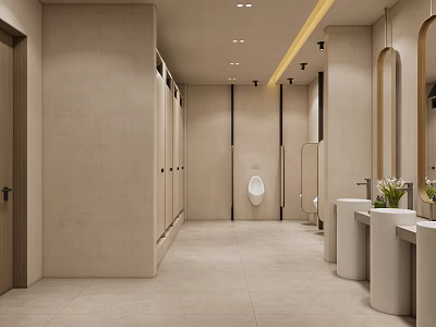 Modern Public Restroom Interior Design With Private Stalls Sinks Mirrors And Lighting 3d model