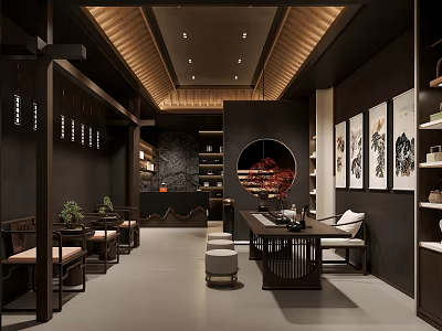Chinese Style Restaurant Interior with Wooden Decorations Round Mirror Paintings and Tea Sets 3d model