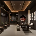 Chinese Style Restaurant Interior with Wooden Decorations Round Mirror Paintings and Tea Sets