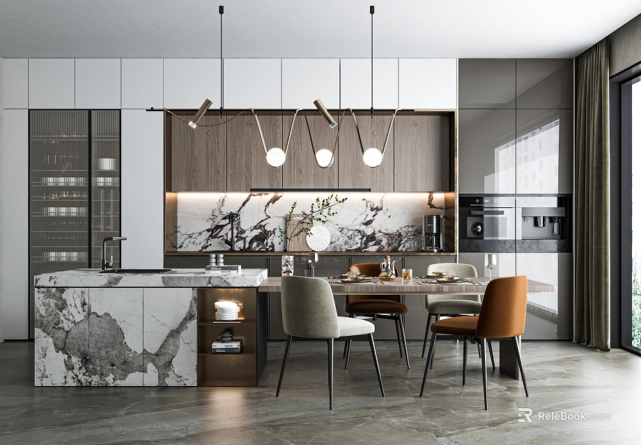 Modern Kitchen Interior With Marble Island Countertop Pendant Lights And Dining Chairs 3d model 