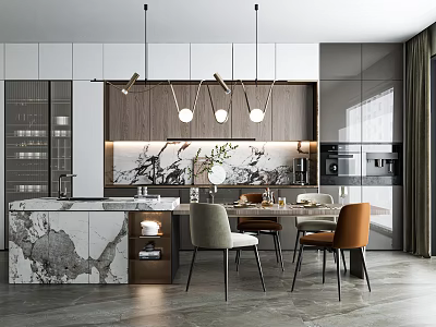 Modern Kitchen Interior With Marble Island Countertop Pendant Lights And Dining Chairs 3d model