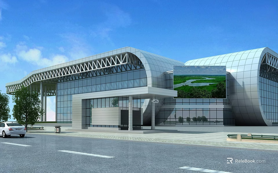 Modern Public Building Exterior With Glass Curtain Walls Curved Roof And Large Digital Screen 3d model 