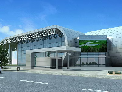 Modern Public Building Exterior With Glass Curtain Walls Curved Roof And Large Digital Screen 3d model