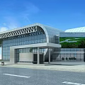 Modern Public Building Exterior With Glass Curtain Walls Curved Roof And Large Digital Screen