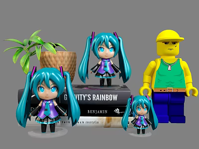 Anime Style Dolls With Blue Green Twin Ponytails Lego Figure Near Books Potted Plant 3d model