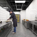 Commercial Catering Kitchen Interior With Chefs Working At Stainless Steel Worktables And Commercial Appliances