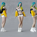 Three Angles of Woman with Blue Green Gradient Hair Wearing White Shorts Yellow Black Jacket