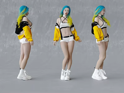 Three Angles of Woman with Blue Green Gradient Hair Wearing White Shorts Yellow Black Jacket 3d model