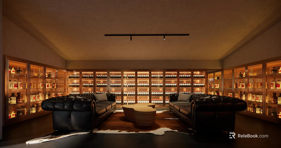 Luxurious Wine Cellar Interior With Wooden Wine Racks Black Leather Sofas And Round Coffee Table 3d model
