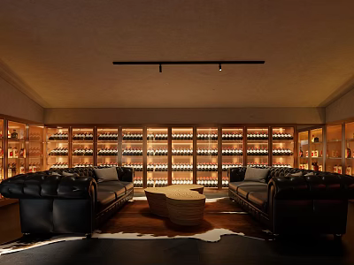 Luxurious Wine Cellar Interior With Wooden Wine Racks Black Leather Sofas And Round Coffee Table 3d model
