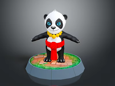 Cute Panda With Yellow Beaded Necklace Red Sash On Base With Green Grass And Bricks 3d model