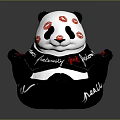 Black And White Panda Plush Toy With Red Lip Prints And Text Design