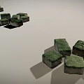 Green Moss Covered Stone Blocks Scattered in Natural Arrangement with Shadow Effects