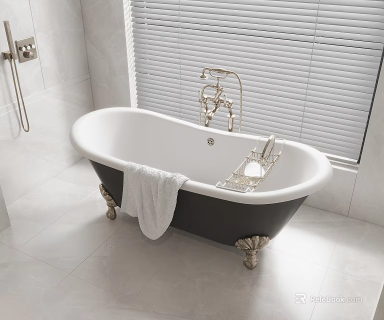 Freestanding White Bathtub with Brass Feet Black Base and White Towel in Bathroom with Blinds 3d model 