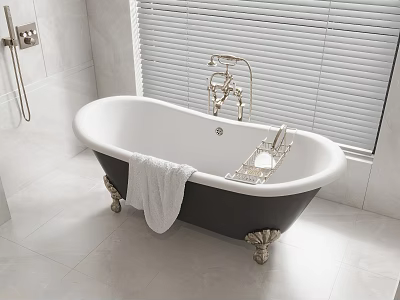 Freestanding White Bathtub with Brass Feet Black Base and White Towel in Bathroom with Blinds 3d model