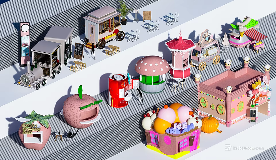 Colorful Cartoon Style Food Market Stalls With Food Carts And Seating Areas 3d model 