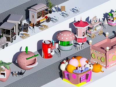 Colorful Cartoon Style Food Market Stalls With Food Carts And Seating Areas 3d model