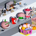 Colorful Cartoon Style Food Market Stalls With Food Carts And Seating Areas