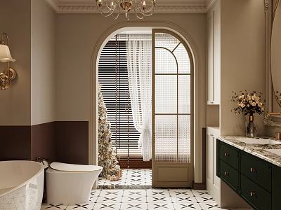 Elegant Bathroom Interior Design With Bathtub Green Cabinets Marble Countertop Arched Door And Chandelier 3d model