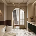 Elegant Bathroom Interior Design With Bathtub Green Cabinets Marble Countertop Arched Door And Chandelier