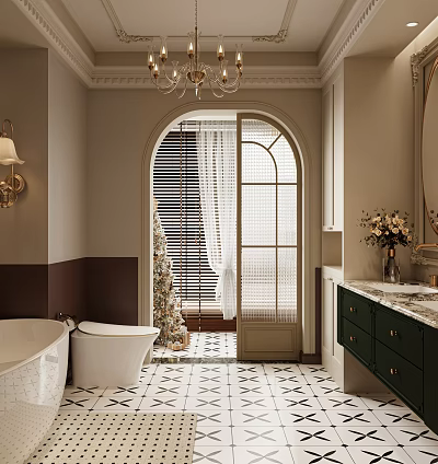 Elegant Bathroom Interior Design With Bathtub Green Cabinets Marble Countertop Arched Door And Chandelier 3d model