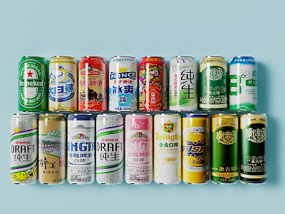 Assorted Beverage Cans with Various Flavors Colorful Designs Brand Logos Displayed on Light Blue Background 3d model