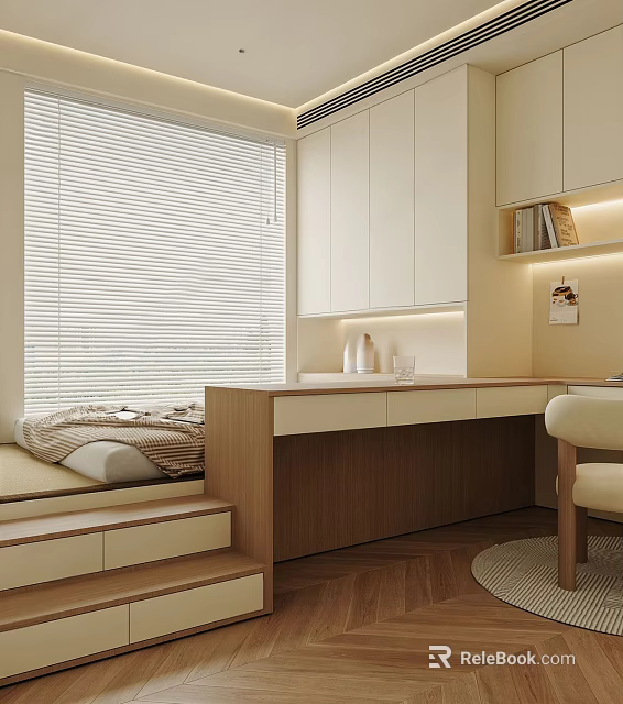Cozy Tatami Bedroom Interior With Window Blinds White Cabinets And Wooden Floor 3d model 